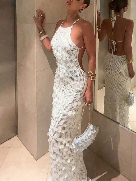 Dresses & Skirts - White Women's Sequin Halter Neck Cinched Waist Vacation Dress